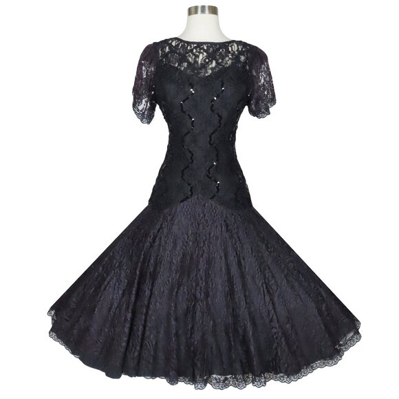 Vintage 80s 20s Black Lace Prom Party Dress M Medium Goth Witchy Whimsygoth - Picture 1 of 12